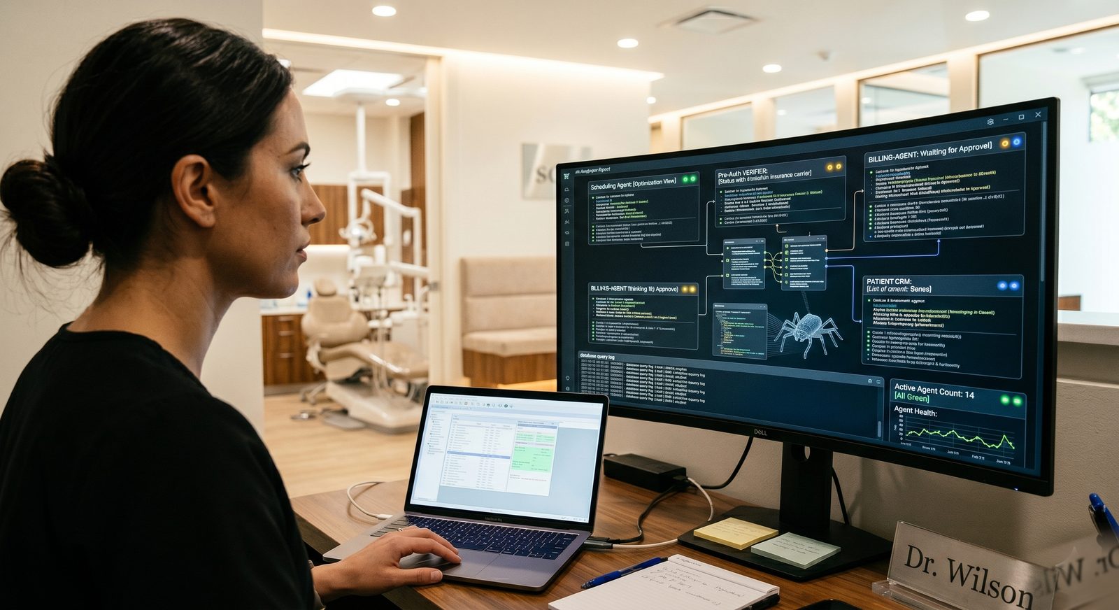 Office manager reviewing the AI agents dashboard on a large monitor inside a dental practice.
