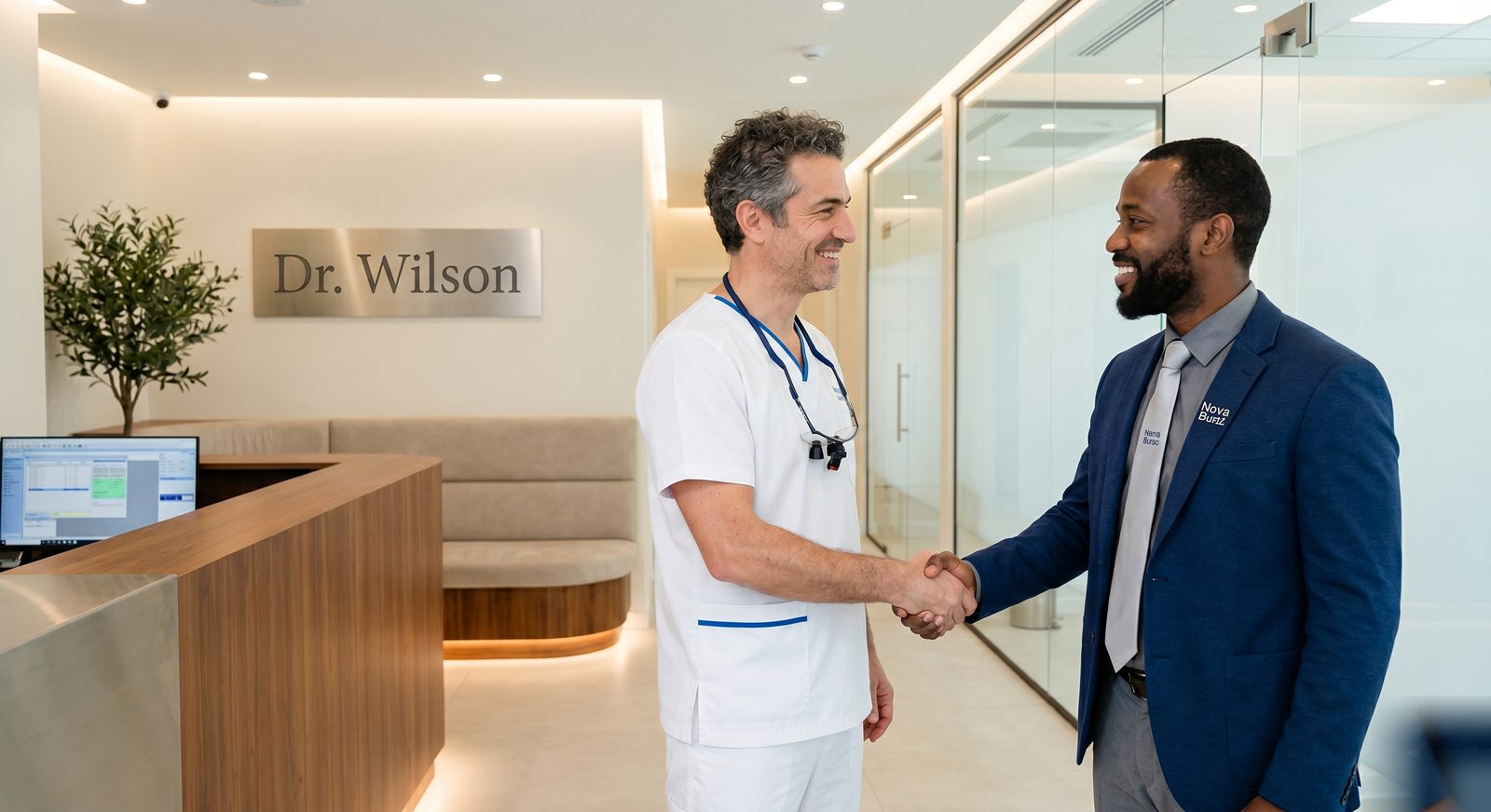 A Nova Buzz partner shakes hands with Dr. Wilson at the entrance of his dental practice on the first day of the engagement.