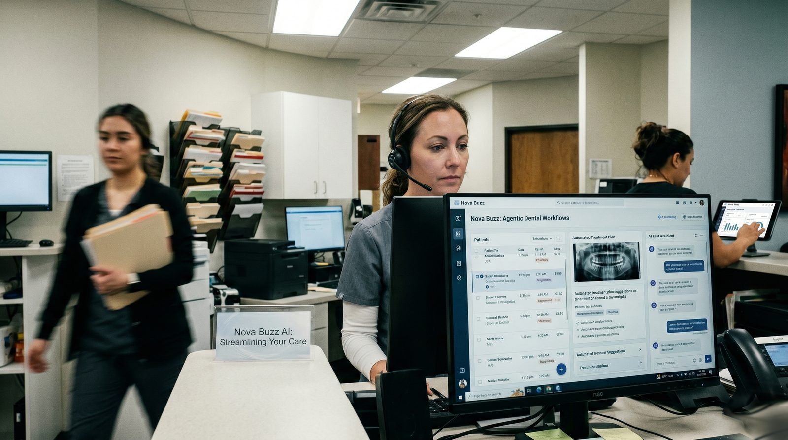 A dental practice back office. A coordinator on a headset works with the Nova Buzz Agentic Dental Workflows interface while two staff members manage patient files.
