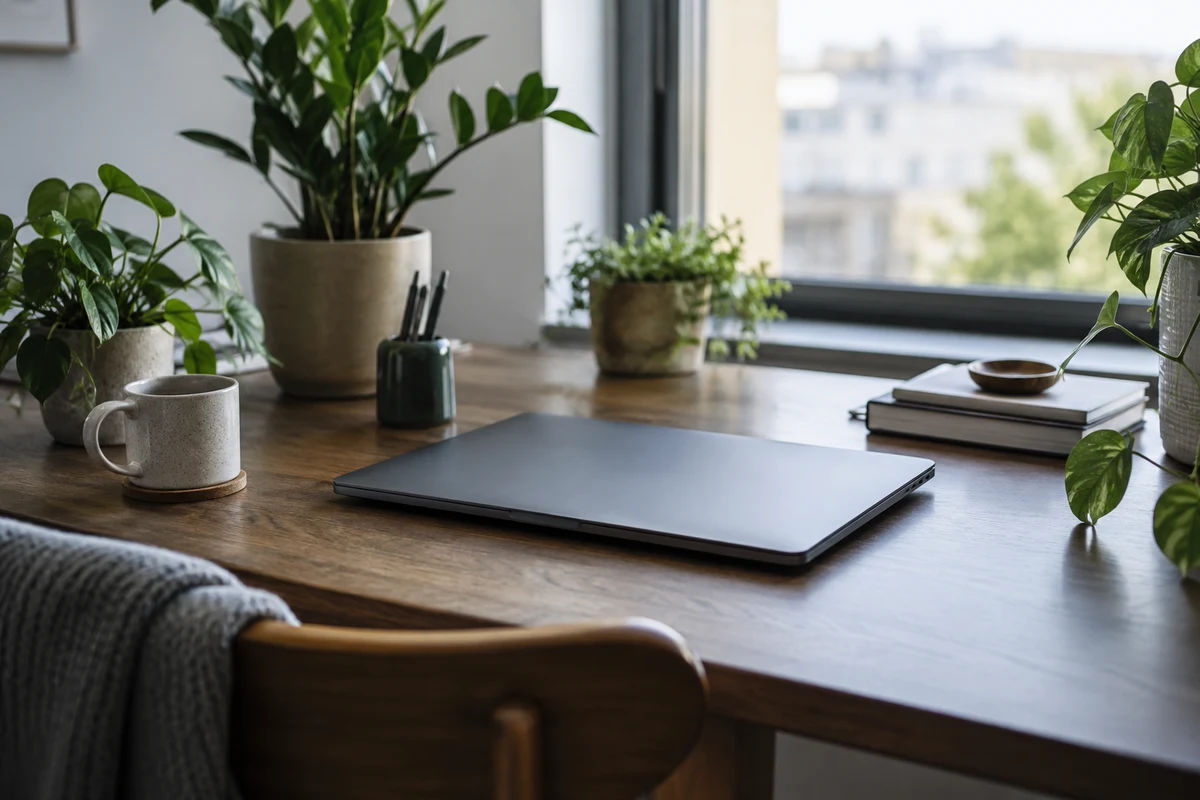 A closed laptop on a desk surrounded by potted plants, Diego, outbound and reactivation.