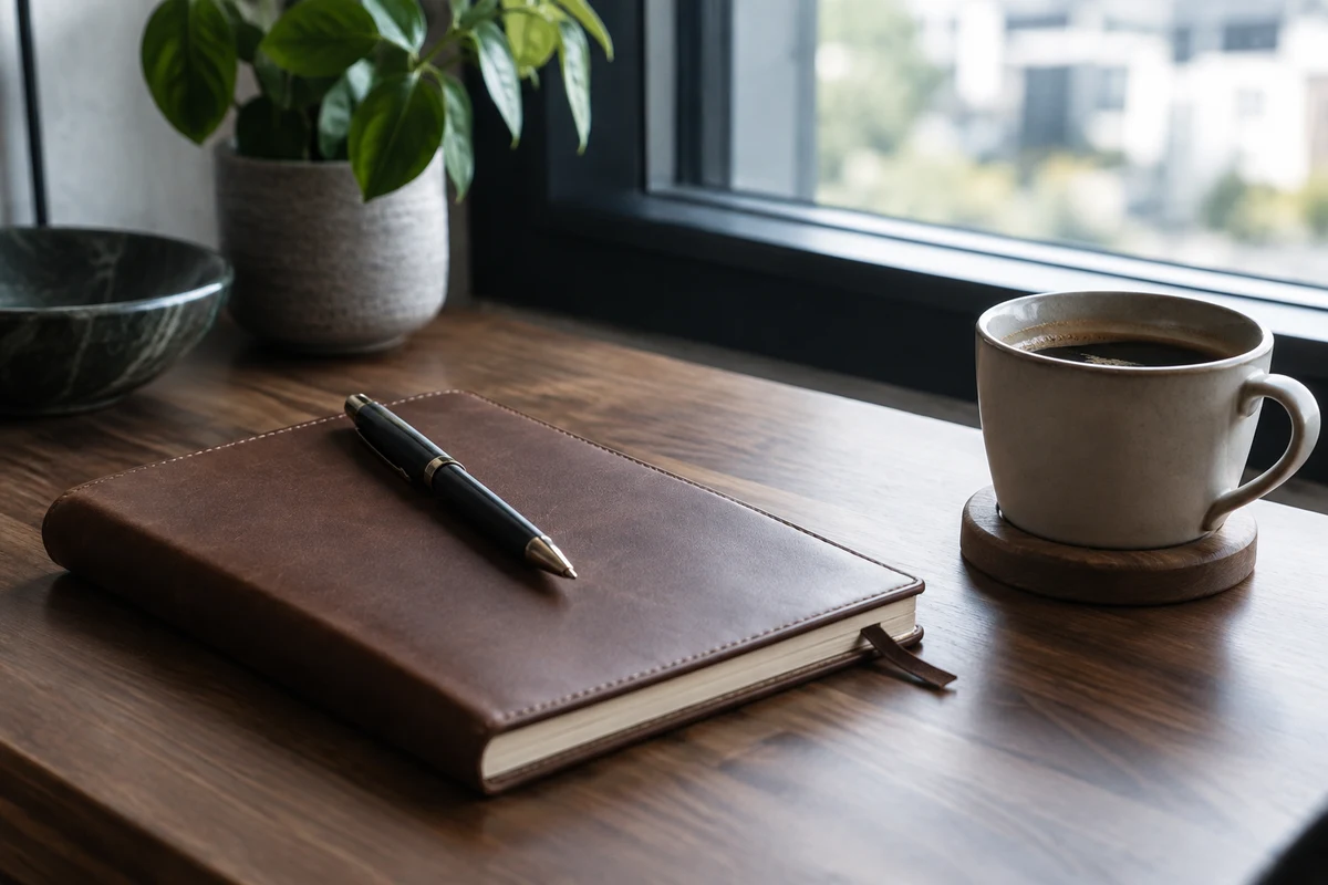 A notebook and pen beside a cup of coffee on a desk.