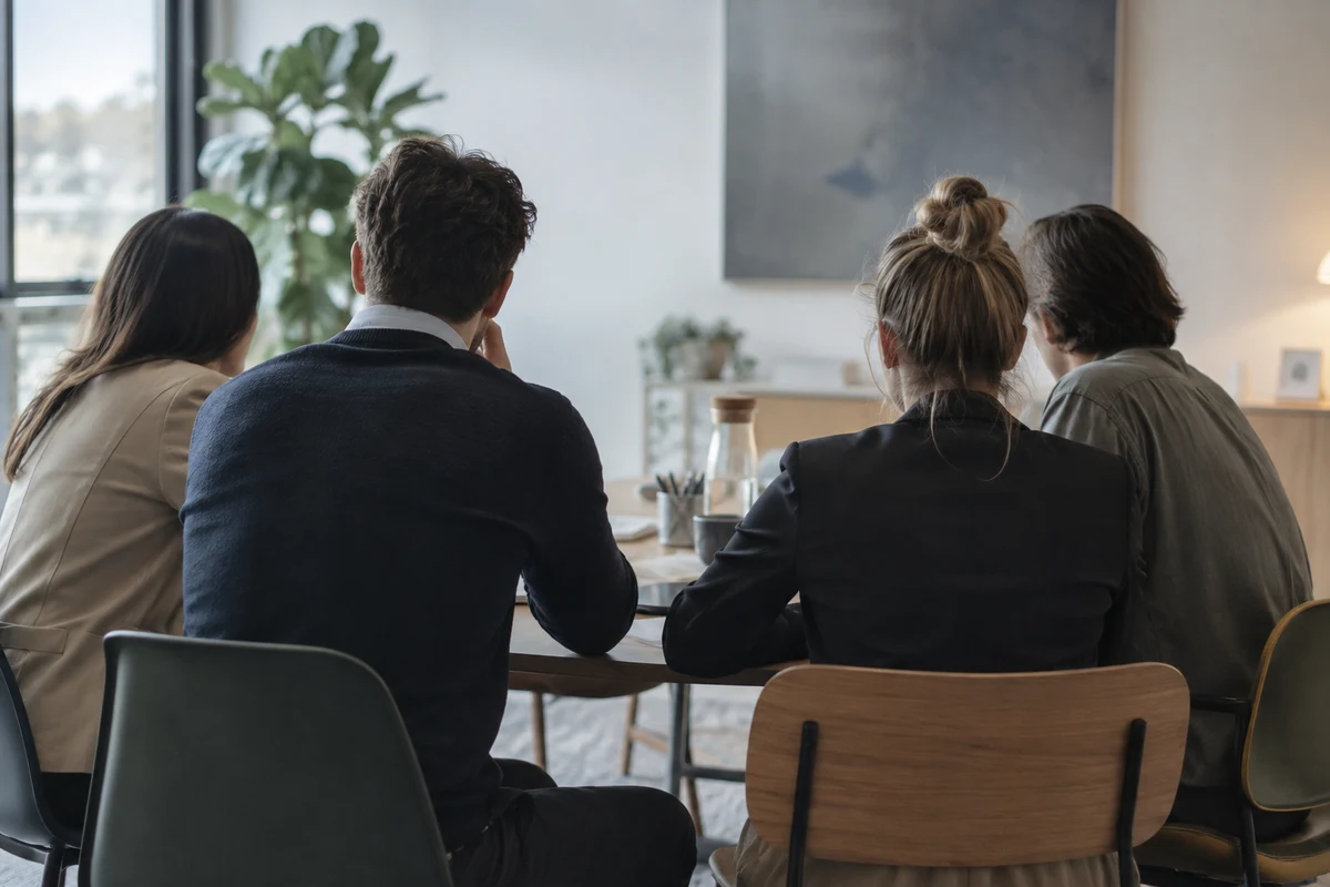Four people seen from behind at a meeting table, Eleanor, reporting and operations.