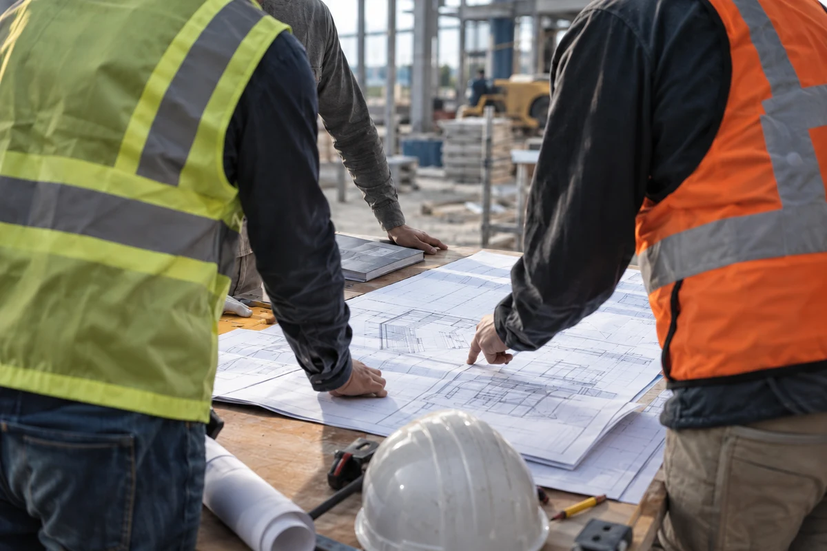 Two workers in hi-vis vests reviewing blueprints on a job site, Sofia, estimating and quoting.