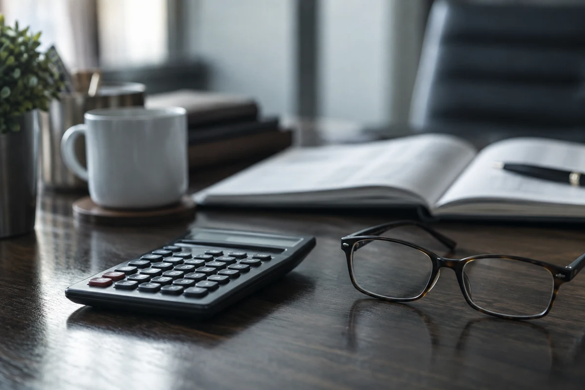 A calculator, glasses and an open ledger on a desk, Zara, billing and claims.