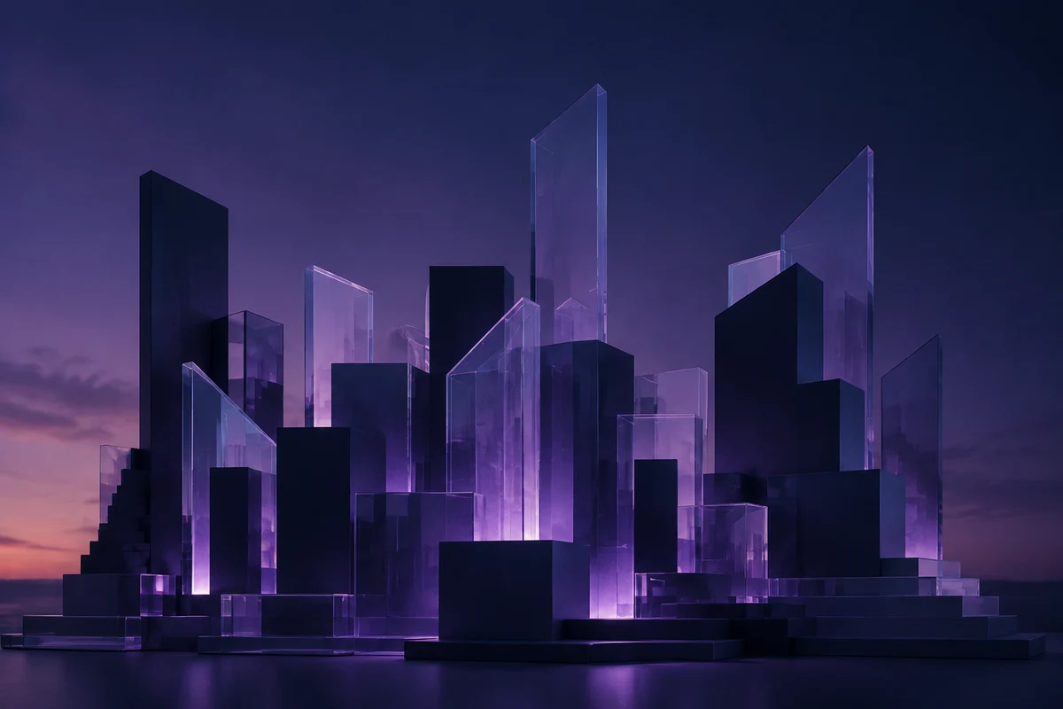 A city street at dusk, lit storefronts and traffic trailing into the distance