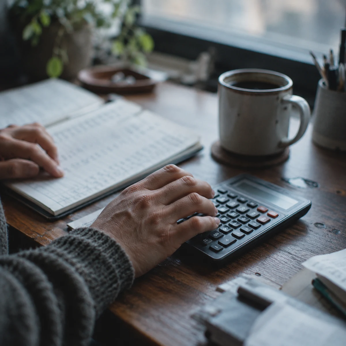 A hand working a calculator beside an open, ruled ledger book, the billing and claims system.
