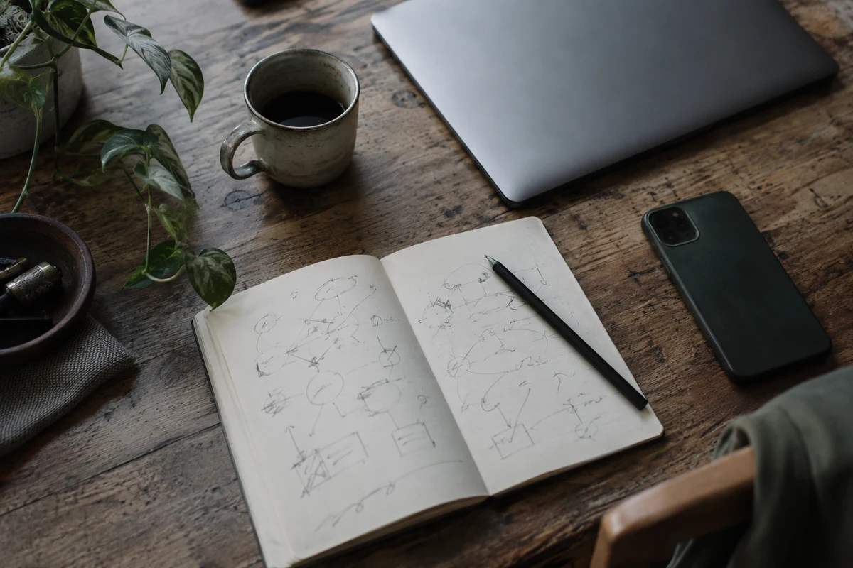 A notebook of hand-drawn diagrams beside a laptop and phone on a desk, Marcus, intake and scheduling.