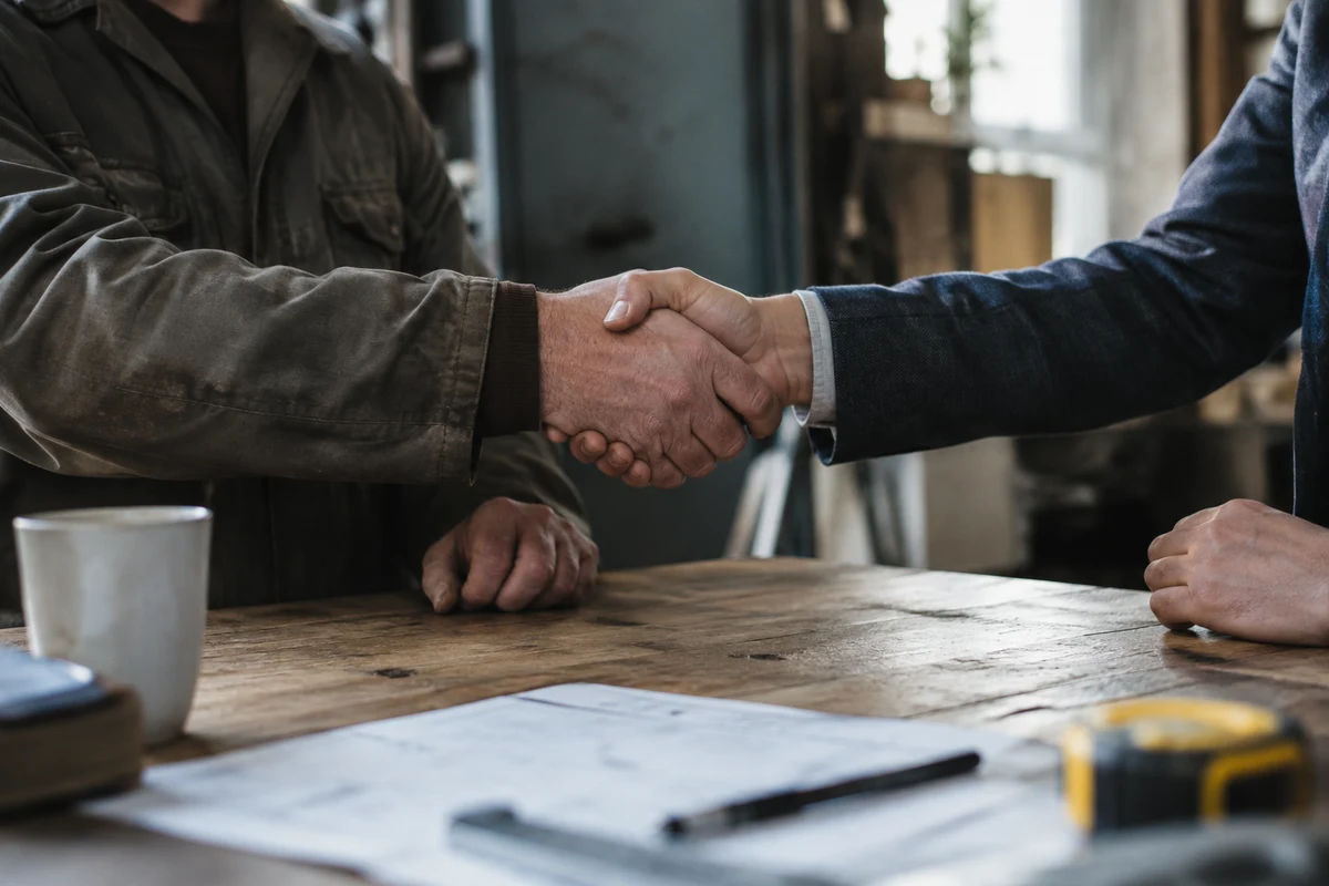 Two people shaking hands across a desk, cropped at the torso.