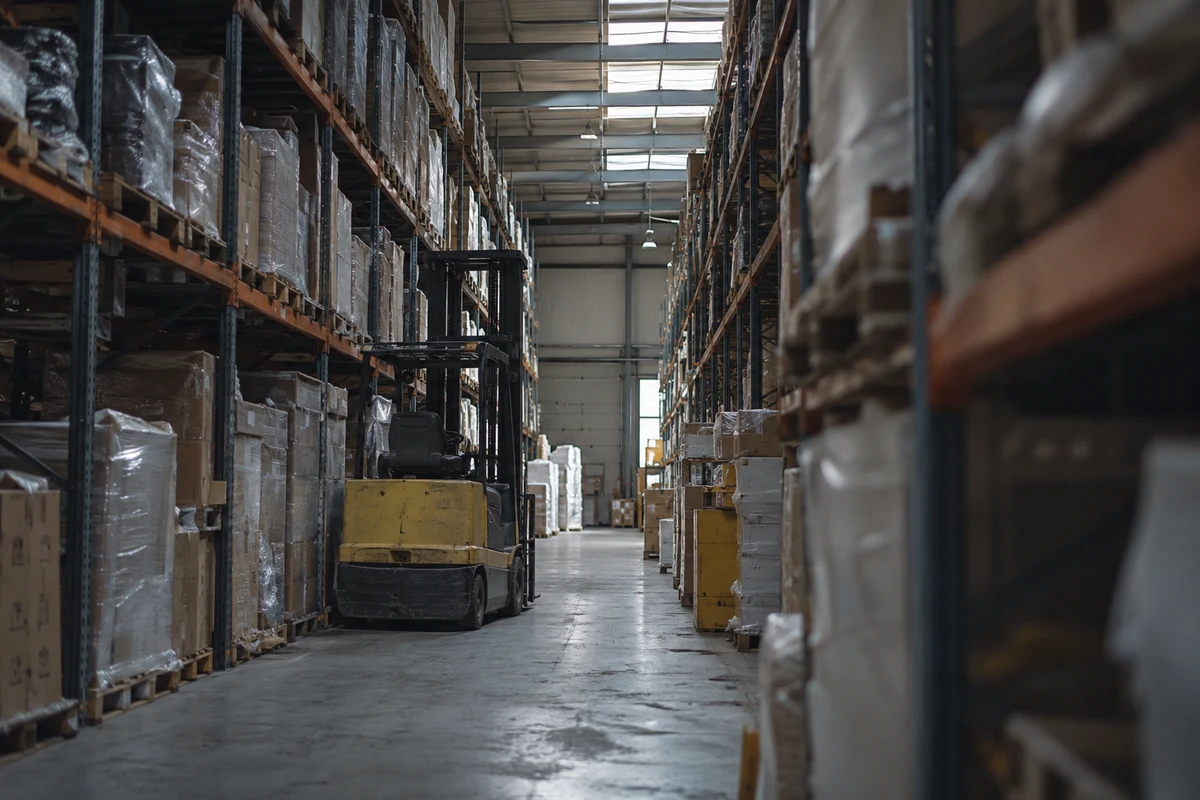 A warehouse aisle with a forklift moving between tall shelving racks.