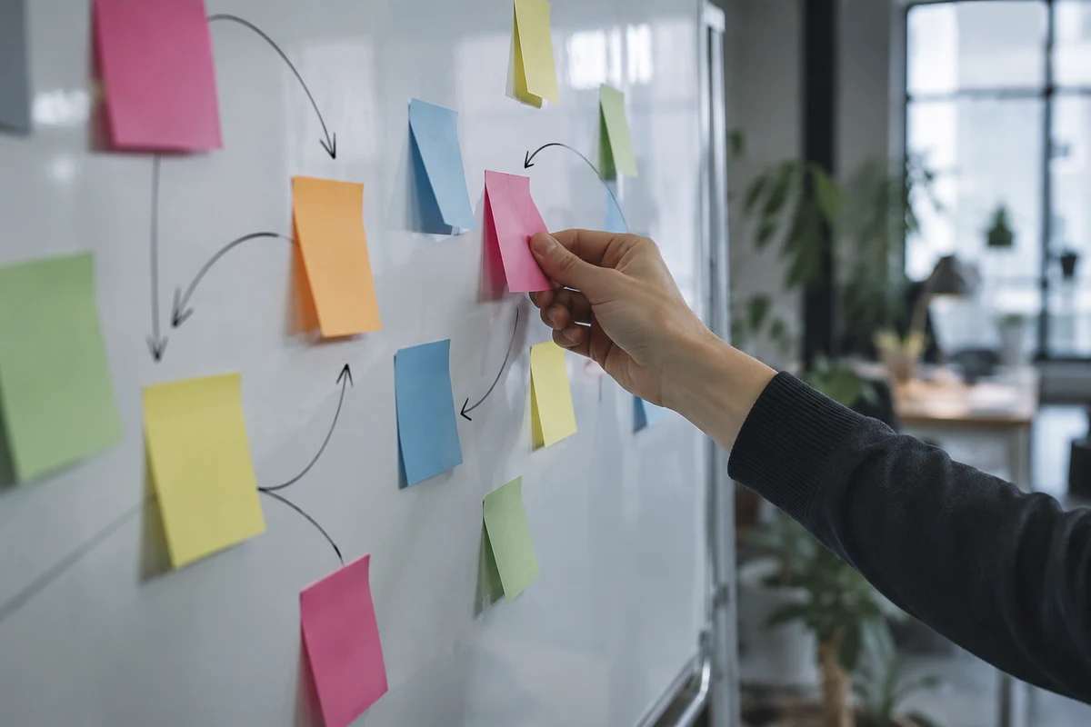 A hand placing a sticky note on a whiteboard mapped with arrows, the reporting system.
