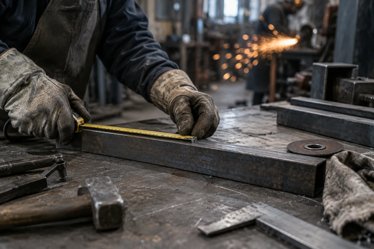 Gloved hands measuring a steel bar with a tape measure on a workshop bench, the estimating and quoting system.