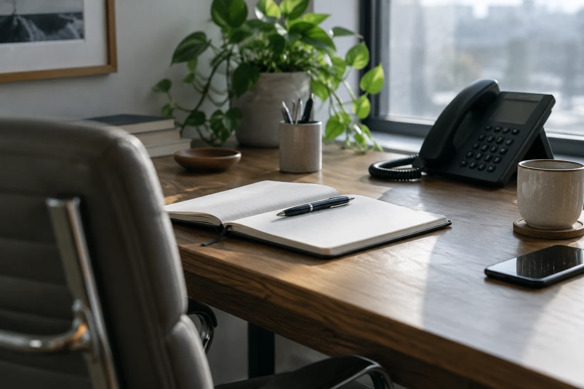 A desk phone, a notebook and pen, and a mobile on a desk, the intake and scheduling system.